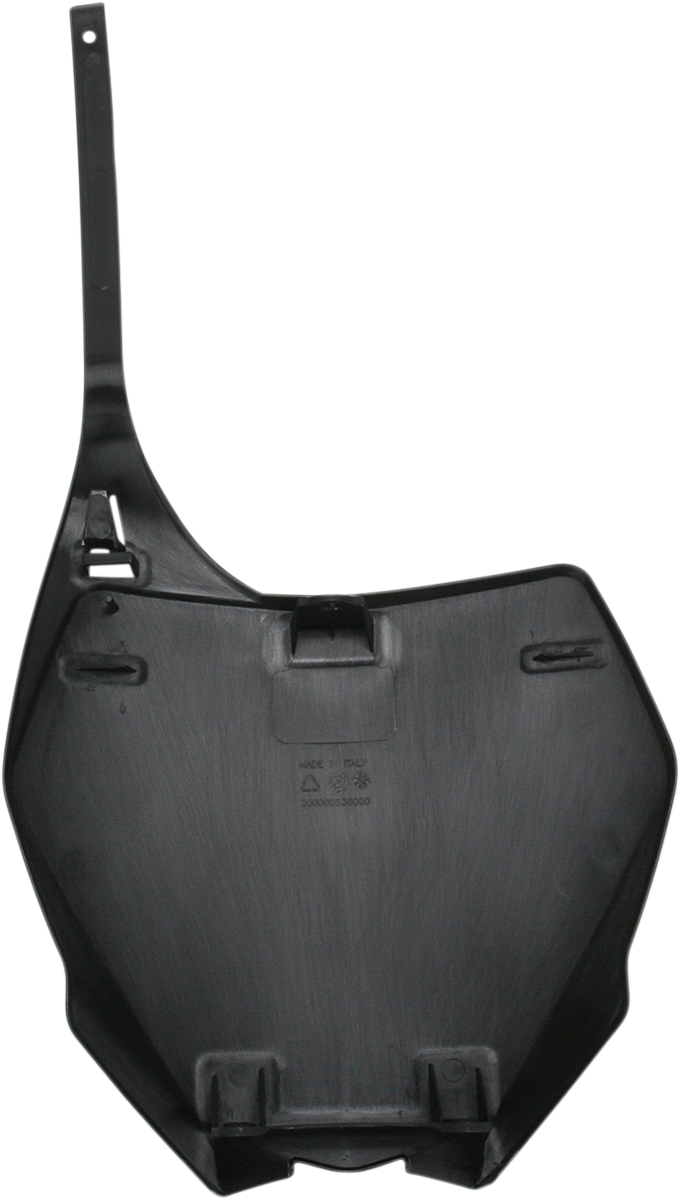 A black Acerbis front number plate for YZ125/250 dirt bikes, featuring the NF 15 model, mounted on a motorcycle body.