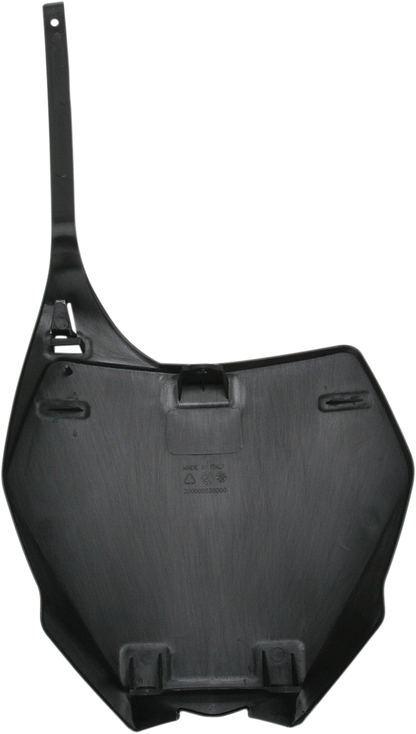 A black Acerbis front number plate for YZ125/250 dirt bikes, featuring the NF 15 model, mounted on a motorcycle body.