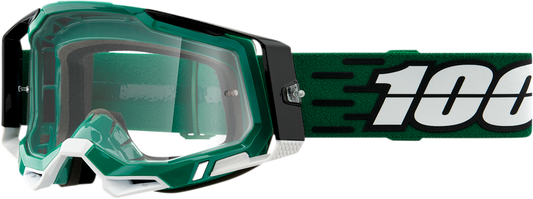 Clear 100% Racecraft 2 goggles from Bill's Exhausts with Milori lens, designed for racing and high-performance activities.