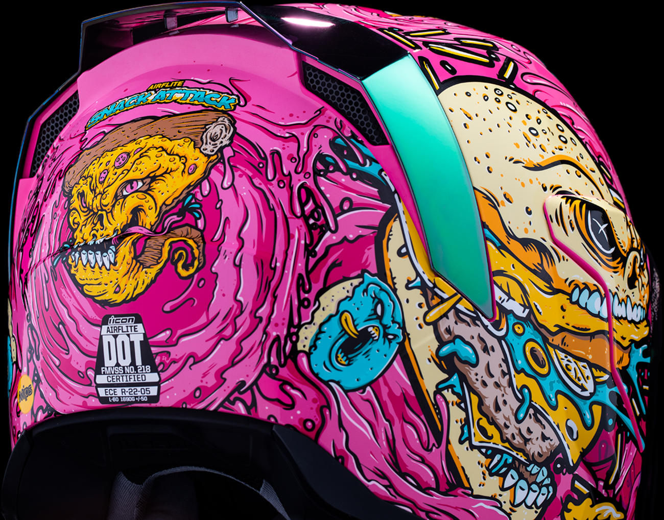 Pink ICON Airflite helmet with Snack Attack design, MIPS® safety system, XS size, shown from side view with vent details