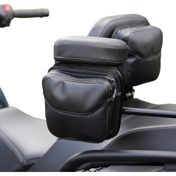Black two-toned Show Chrome Platinum arm rest pouch for Can-Am Spyder RT LTD passenger side, model ARC-2RT, installed on motorcycle.