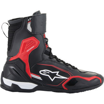 Alpinestars Superfaster shoe in black, red, and white, US 8.5, showing side view of sporty design and branding details.