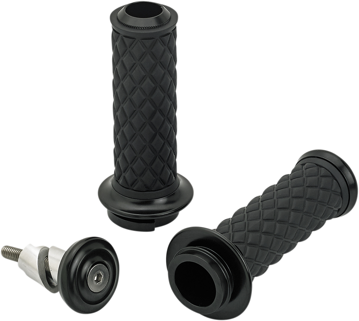 Black BILTWell Alumicore motorcycle grips with TBW branding, designed for comfort and durability on bikes.