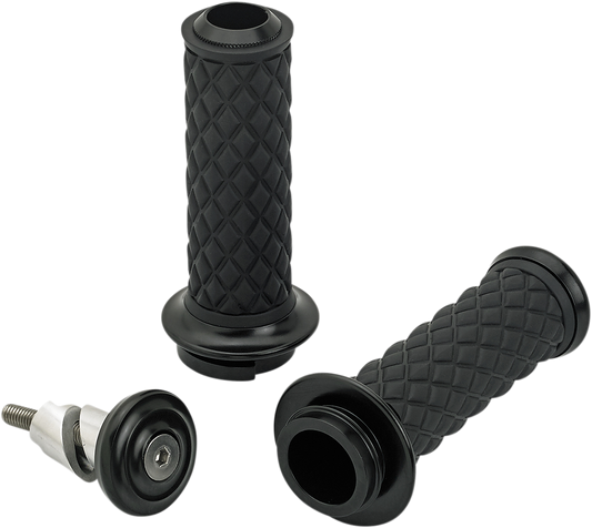 Black BILTWell Alumicore motorcycle grips with TBW branding, designed for comfort and durability on bikes.