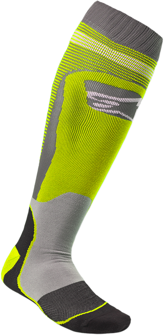 Alpinestars MX Plus 1 motorcycle socks in yellow and gray, small/medium size, featuring breathable fabric and logo details.