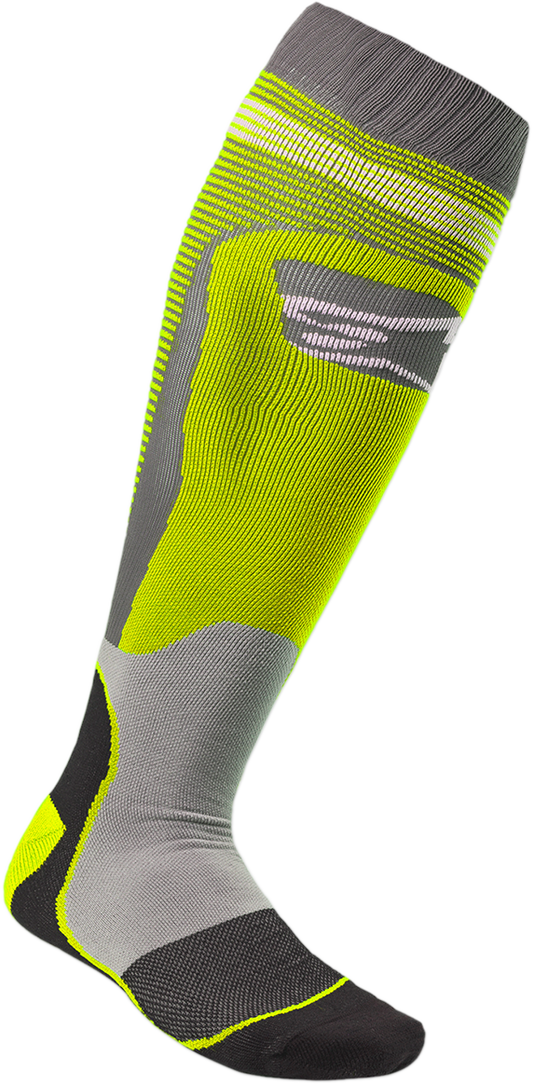 Alpinestars MX Plus 1 motorcycle socks in yellow and gray, small/medium size, featuring breathable fabric and logo details.