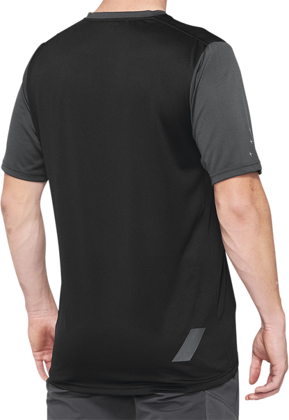 Bill's Exhausts 100% Ridecamp jersey in charcoal and black, medium size, showing the lightweight, breathable cycling jersey with logo.
