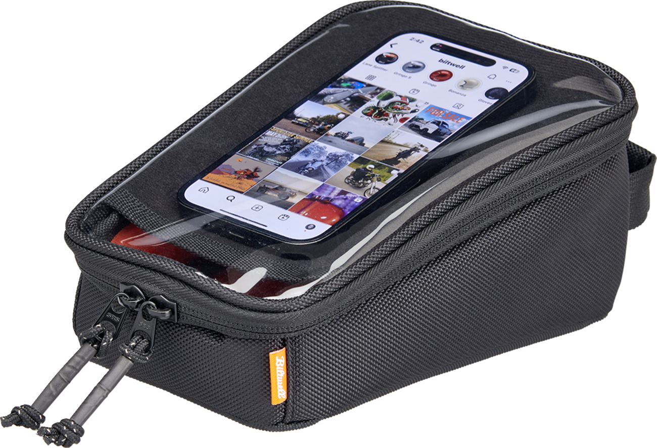 Black BILTWELL EXFIL-2 Mini Tank Bag for motorcycles, featuring compact design and durable straps.