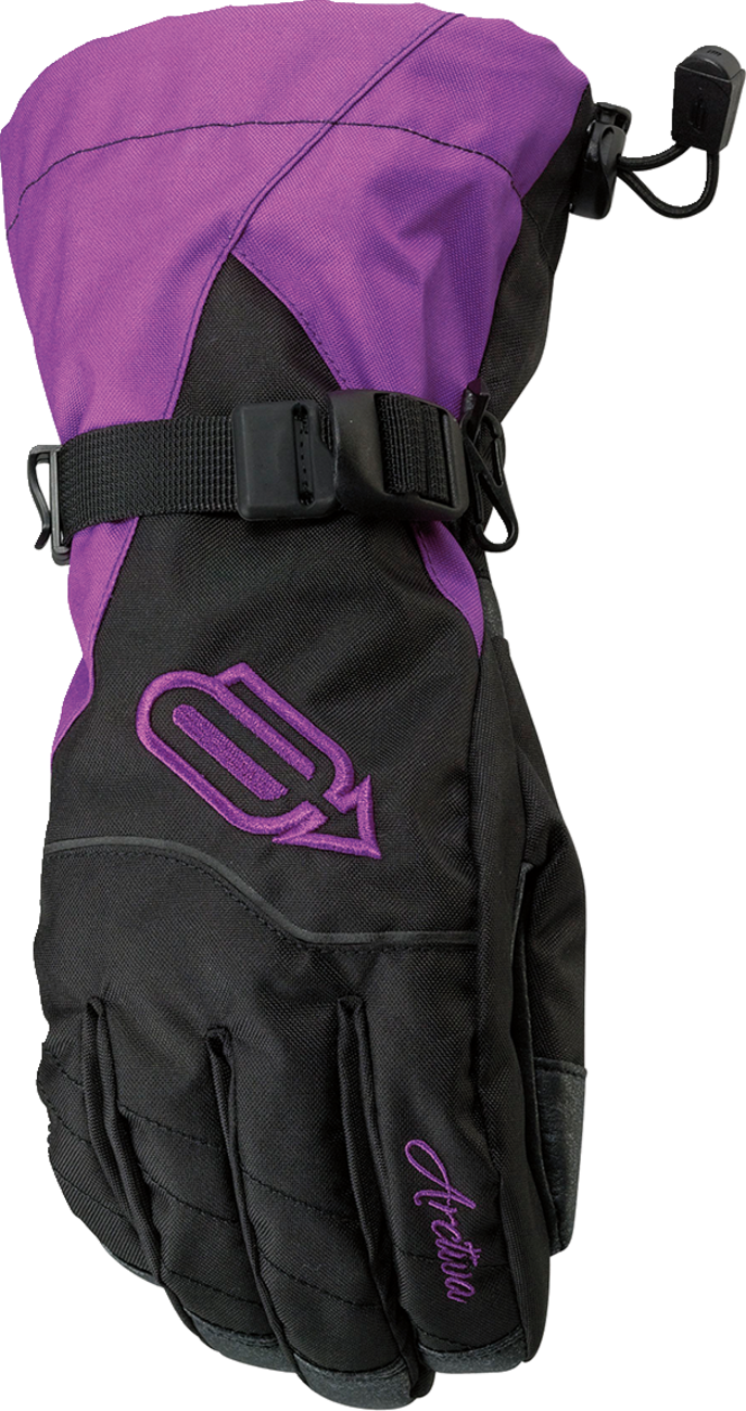Black and purple ARCTIVA Women's Pivot Gloves in XL size, showing the textured fabric and adjustable wrist strap.