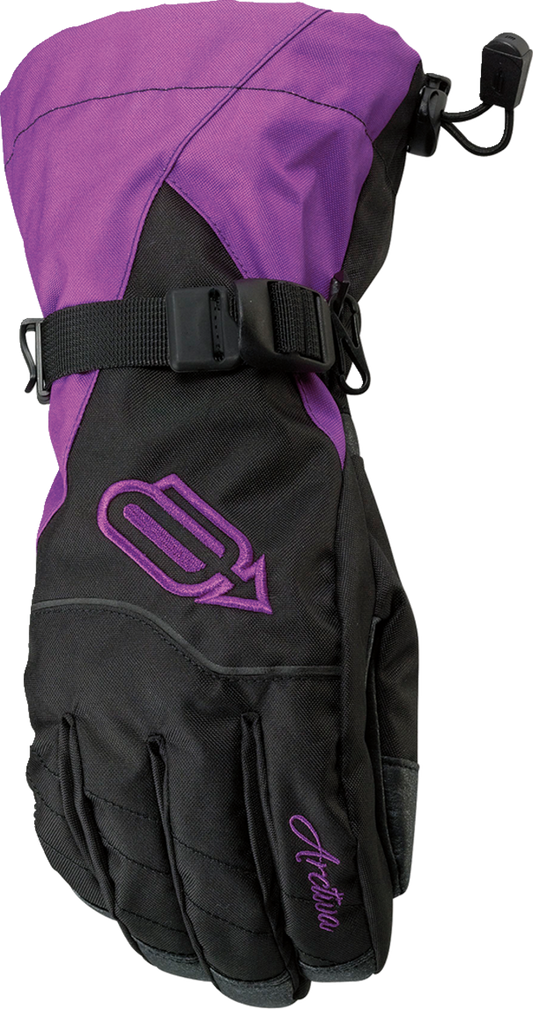 Black and purple ARCTIVA Women's Pivot Gloves in medium size, designed for warmth and protection, by Bill's Exhausts.