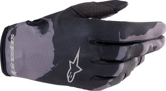 Alpinestars Radar Gloves in Iron and Camo, medium size, featuring protective design and textured fabric for motorcycle riding.