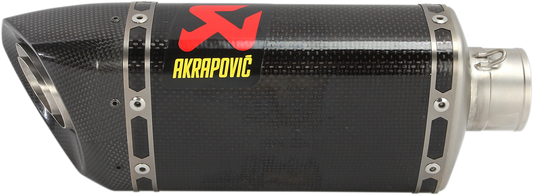 Akrabovic replacement muffler for Yamaha FZ-07 motorcycle 2015-2017, black exhaust with branding, in a clean workshop setting.