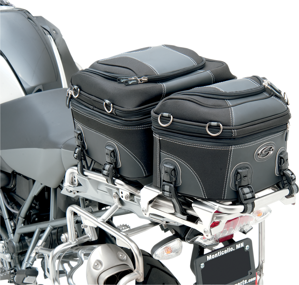 Bill's Exhausts Saddlemens Pillion Luggage Bag seat for motorcycle, with durable straps and secure attachment points.