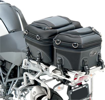 Bill's Exhausts Saddlemens Pillion Luggage Bag seat for motorcycle, with durable straps and secure attachment points.