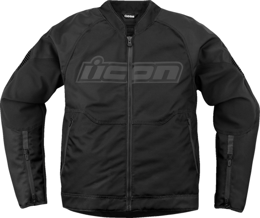 Black ICON Overlord3™ jacket by Bill's Exhausts, large size, shown with front zipper and sleek design.