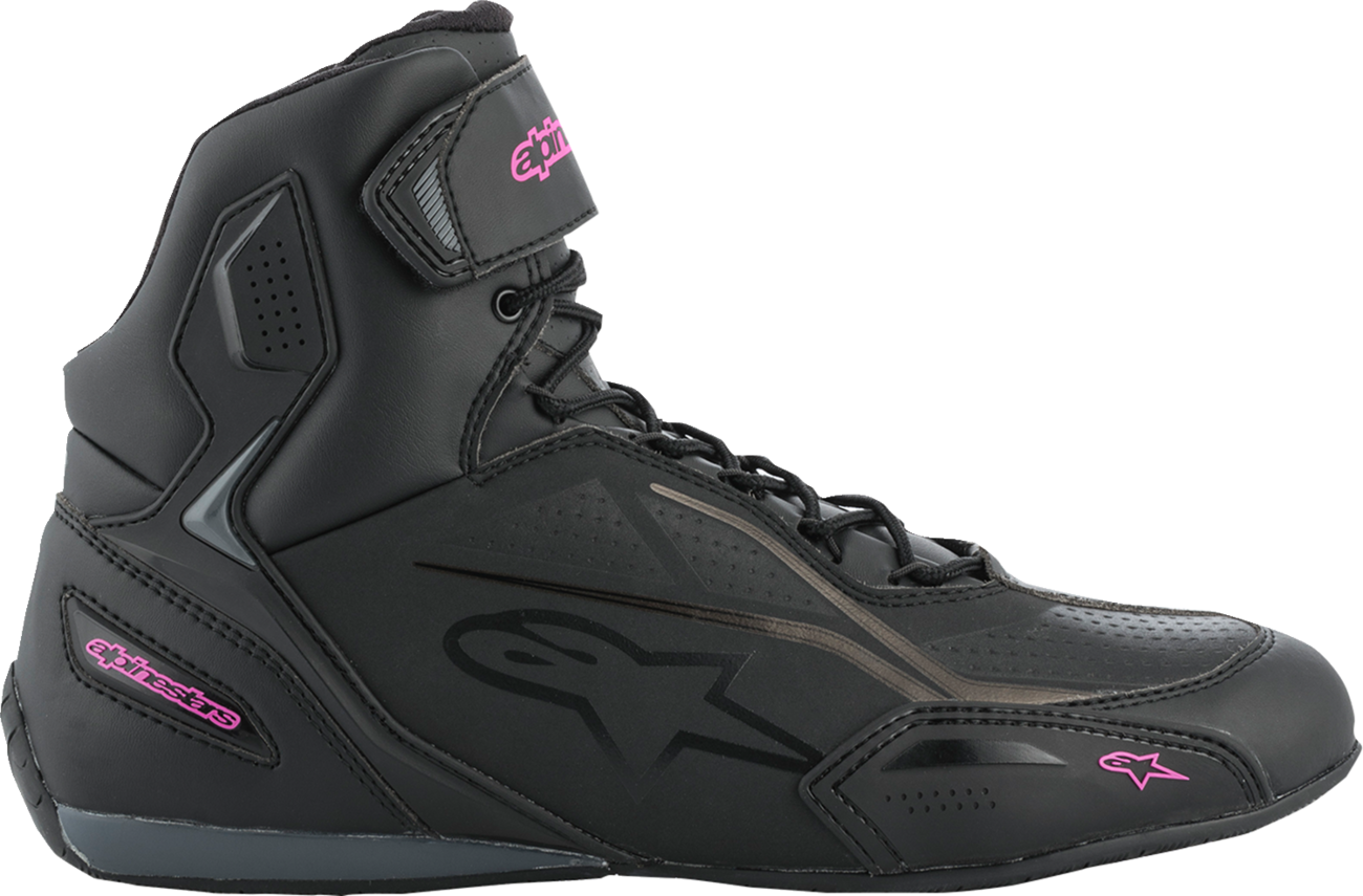 Alpinestars Stella Faster-3 black and pink motorcycle shoes, US size 6, with sporty design and durable construction.