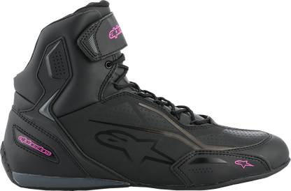 Alpinestars Stella Faster-3 black and pink motorcycle shoes, US size 6, with sporty design and durable construction.
