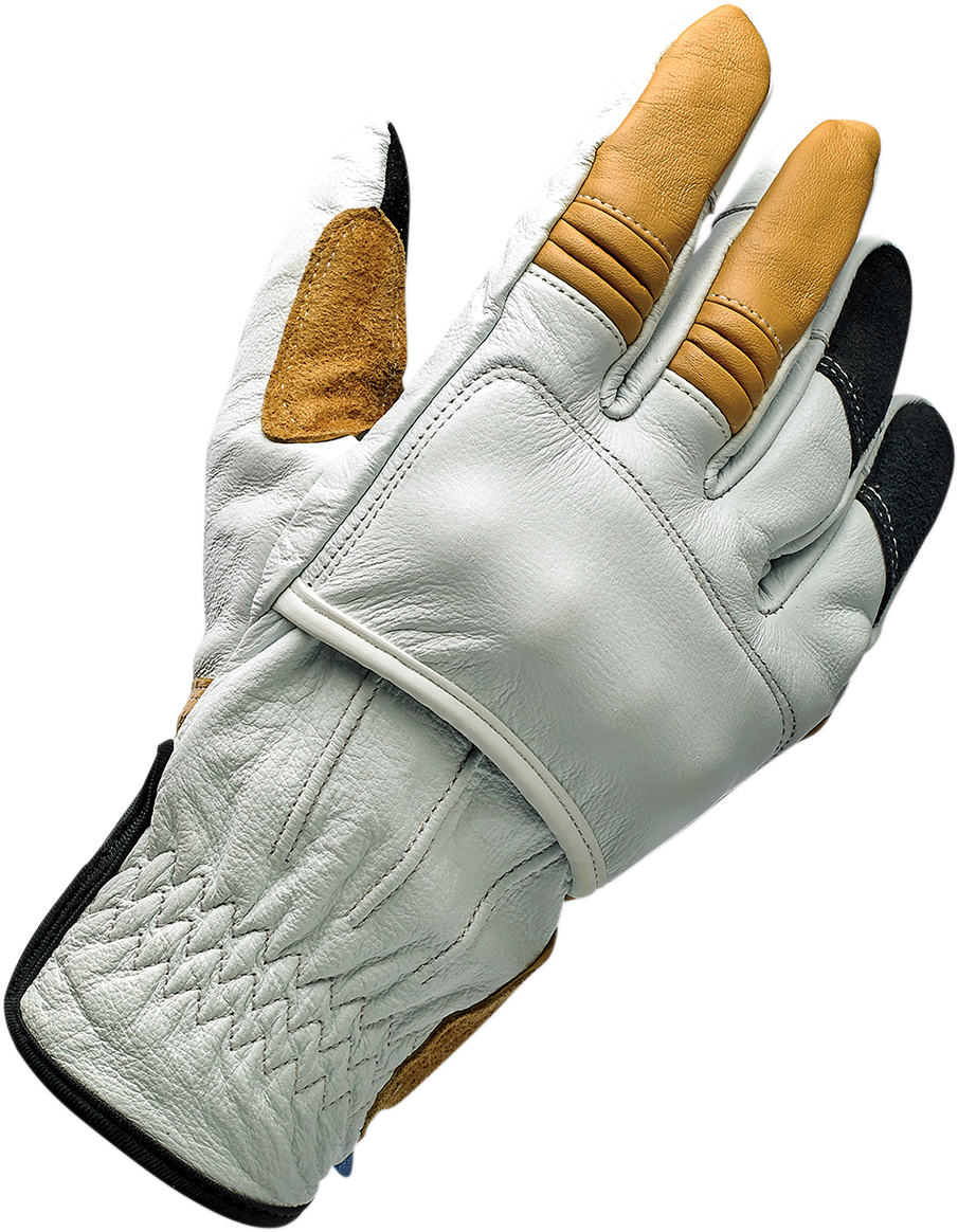 Biltwell Belden Gloves in Cement color, small size, made by Bill's Exhausts, with reinforced knuckles and comfortable fit.