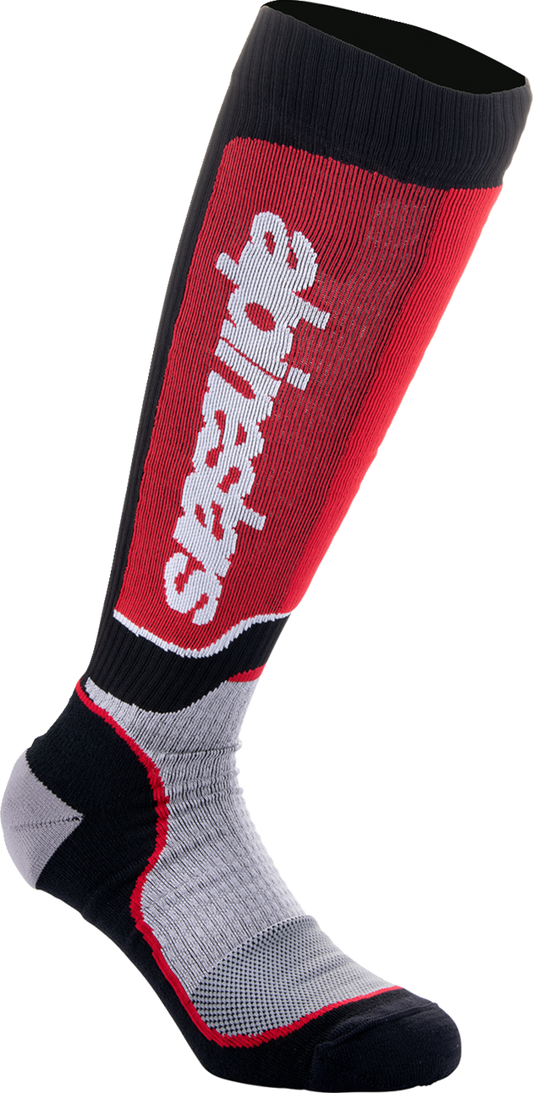 Black, red, and gray Alpinestars MX Plus motorcycle socks in large size, featuring reinforced areas and breathable fabric.