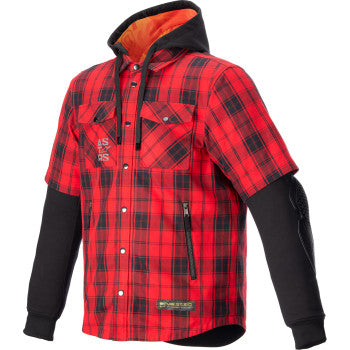 Alpinestars MO.ST.EQ Tartan Jacket in red and black, medium size, featuring a stylish design and durable fabric.