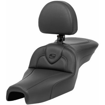Black SADDLEMEN Roadsofa™ seat with backrest for XL motorcycles, designed for models from 2004 to 2022.