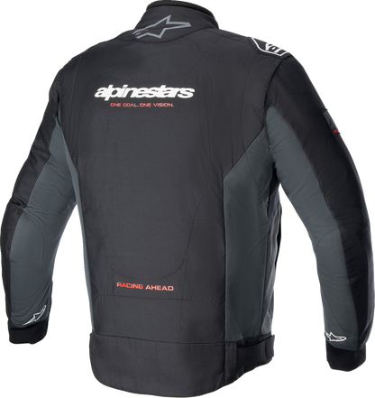 Black and gray ALPINESTARS Monza Sport Jacket with subtle branding, displayed on a hanger against a plain background.