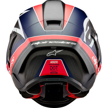 Alpinestars Supertech R10 motorcycle helmet in matte black, carbon red fluo, and blue with aerodynamic design, small size.