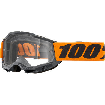 Bill's Exhausts 100% Accuri 2 OTG goggles in orange with clear lenses, designed for motocross and off-road riding.
