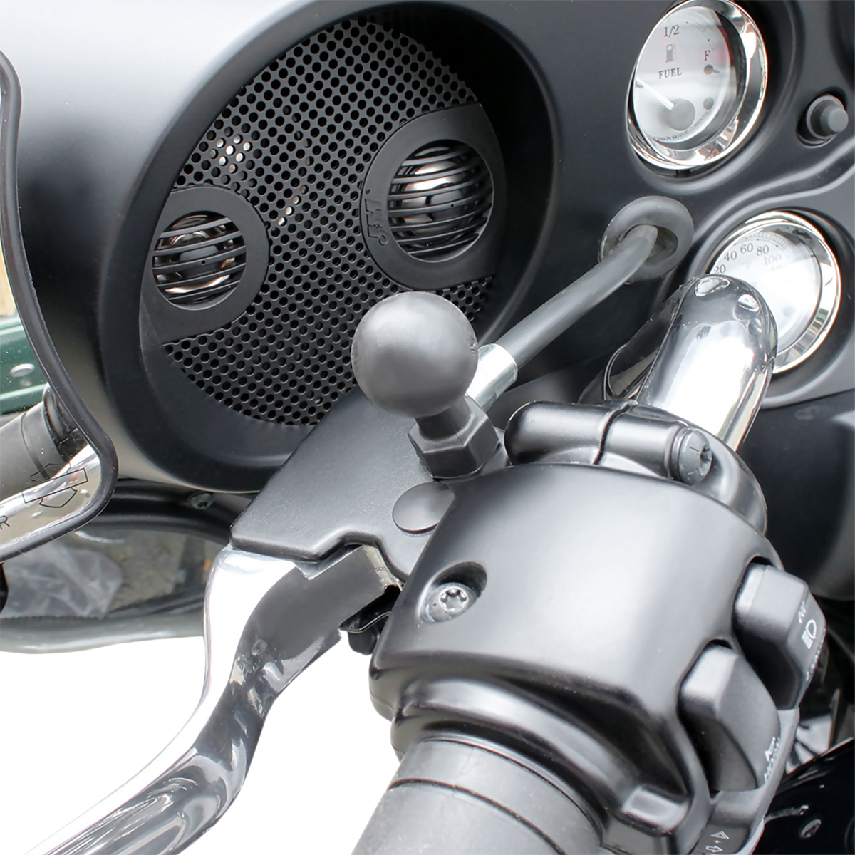 Bill's Exhausts RAM MOUNTS Ball Mount with mirror post base for Harley Davidson engine, displayed on a white background.