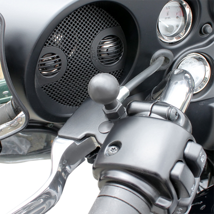 Bill's Exhausts RAM MOUNTS Ball Mount with mirror post base for Harley Davidson engine, displayed on a white background.