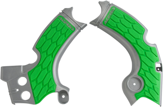 Silver and green Acerbis X-Grip Frame Guards for Kawasaki KX450F motorcycle, mounted on bike body with branding details.