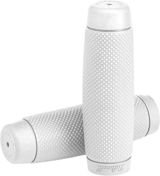 White BILTWELL Recoil 7/8-inch motorcycle grips with textured design, designed for comfortable handling and secure grip.