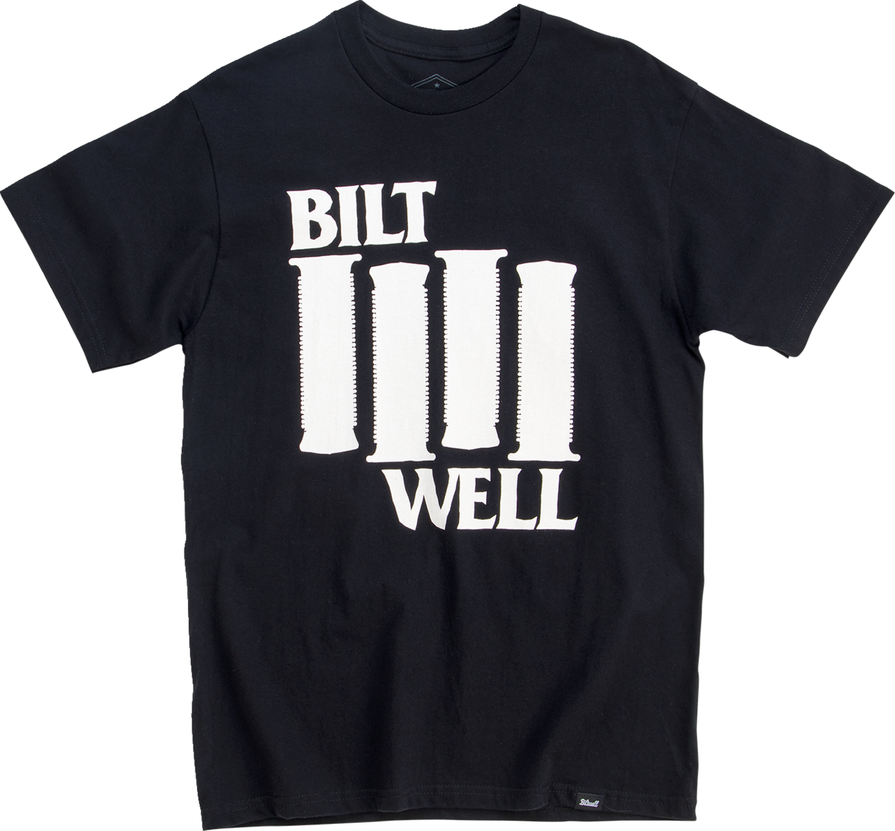 Black BILTWELL Damaged T-Shirt in small size, featuring distressed design and Bill's Exhausts branding on front.