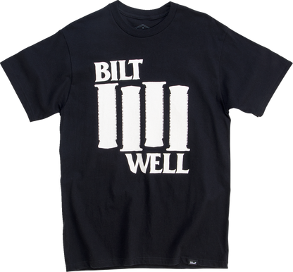 Black BILTWELL Damaged T-Shirt in small size, featuring distressed design and Bill's Exhausts branding on front.