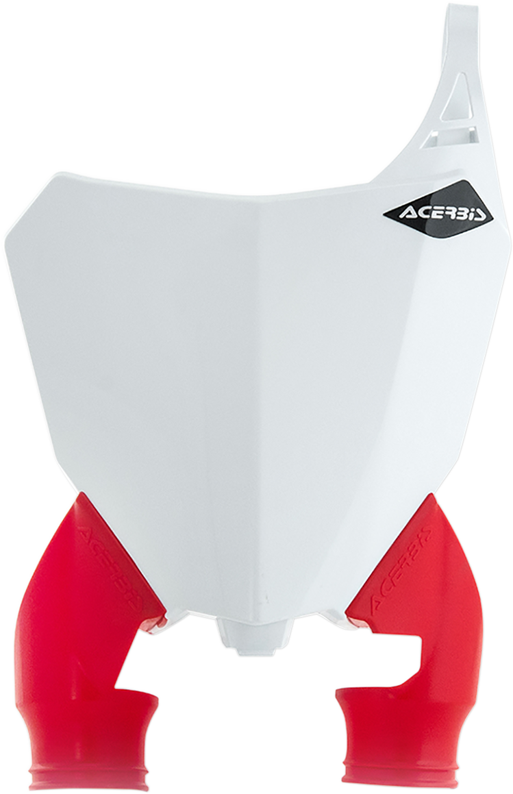 White Acerbis Raptor number plate with black lettering, designed for motorcycle body use, featuring the brand's logo and mounting holes.
