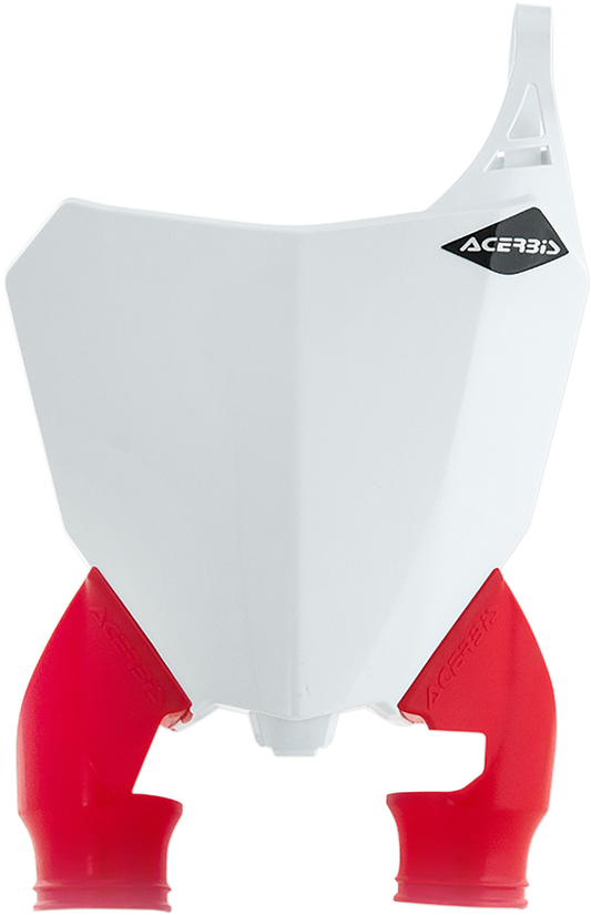 White Acerbis Raptor number plate with black lettering, designed for motorcycle body use, featuring the brand's logo and mounting holes.