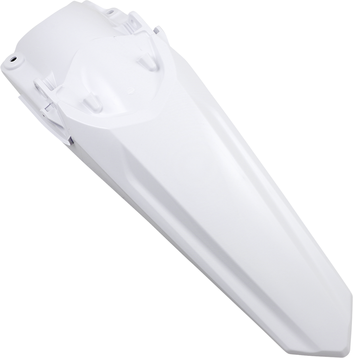 White Acerbis rear fender for motorcycle, mounted on the body, with a sleek and durable design suitable for off-road or street bikes.