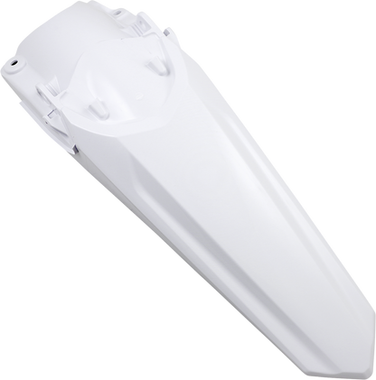 White Acerbis rear fender for motorcycle, mounted on the body, with a sleek and durable design suitable for off-road or street bikes.