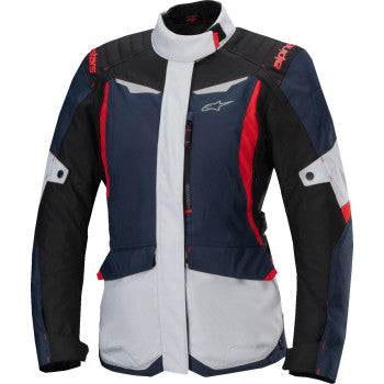 Alpinestars Stella ST-1 waterproof motorcycle jacket in blue, black, and red fluo, large size, with visible waterproof material and design features.