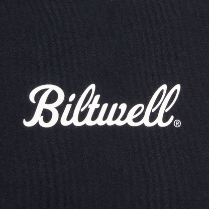 Black BILTWELL Badge T-Shirt in Small size, featuring a front logo design, from Bill's Exhausts.