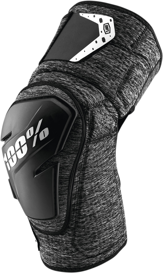 Gray and black Bill's Exhausts 100% Fortis Knee Guards in L/XL size with padded protection and adjustable straps.