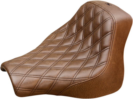 Brown Saddlemens Renegade Solo Seat with lattice stitching, designed for motorcycle comfort and style.
