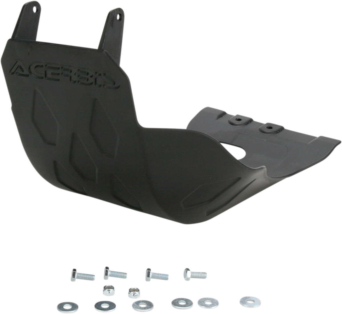 A black Acerbis skid plate for KTM motorcycle, designed to protect the body and engine area.