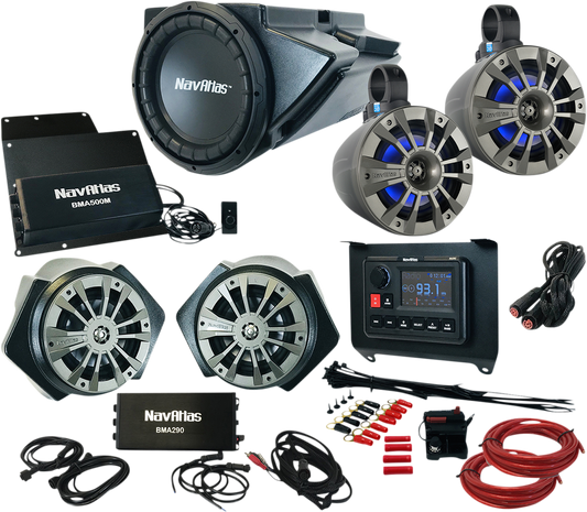 Bill's Exhausts NAVATLAS Zone 4 RZR speaker kit with rugged speakers designed for off-road RZR vehicles.