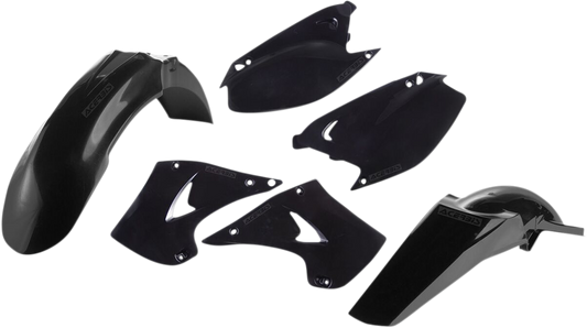 A black ACERBIS standard replacement body kit for KX125/250 motocross bikes, compatible with 2003-2008 models.