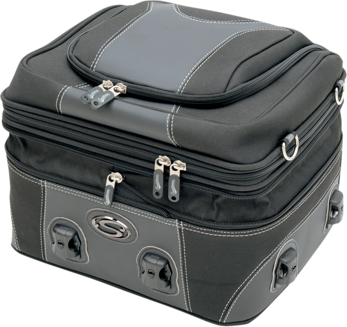 Bill's Exhausts Saddlemens Pillion Luggage Bag 3516-0145 attached to motorcycle seat, black storage bag for pillion passenger luggage.