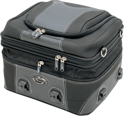 Bill's Exhausts Saddlemens Pillion Luggage Bag 3516-0145 attached to motorcycle seat, black storage bag for pillion passenger luggage.