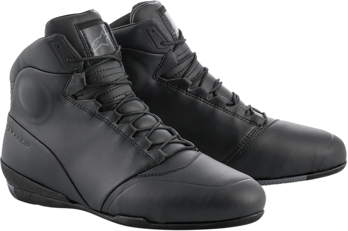 Black Alpinestars Centre Shoes in US 10.5 with sleek design, featuring black leather and subtle branding on the side.