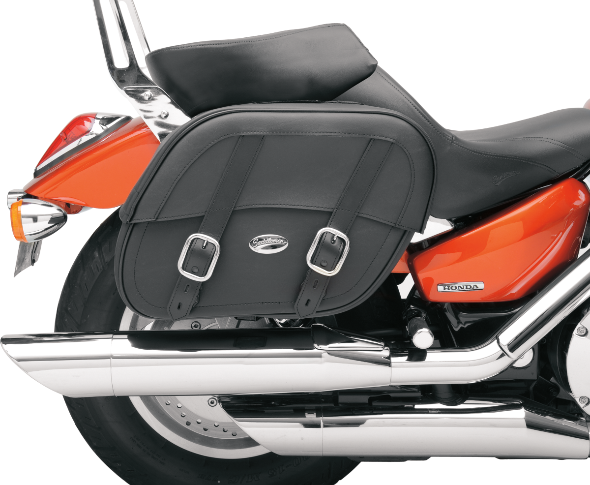 Black SADDLEMEN Drifter Saddlebags with Shock Cutaway mounted on motorcycle seat, designed for durability and style.