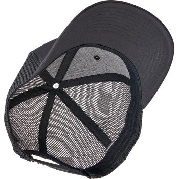 Black BILTWELL Elsinore Hat by Bill's Exhausts, stylish hat with a classic design, shown from a side angle.